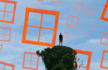 İnsan silueti ve pencereli soyut arkaplan 