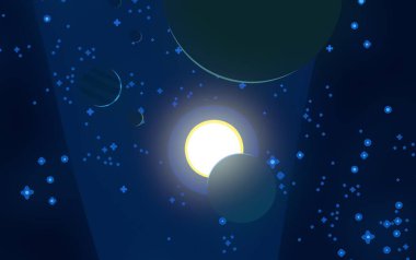 2D çizim. Çizgi film arkaplan resmi. Derin geniş uzay. Yıldızlar, gezegenler ve uydular. Çeşitli bilim kurgu yaratıcı arka planlar. Uzay sanatı. Yabancı güneş sistemleri. Gezegenler ve uydular..