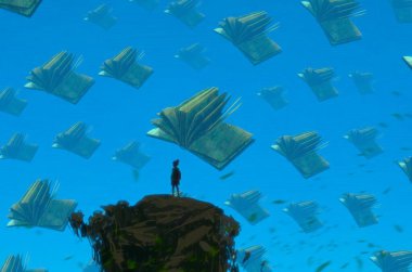 İnsan silueti ve kitaplarla soyut bir arkaplan  