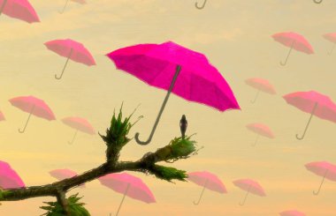 İnsan silueti ve şemsiyeli soyut bir arkaplan