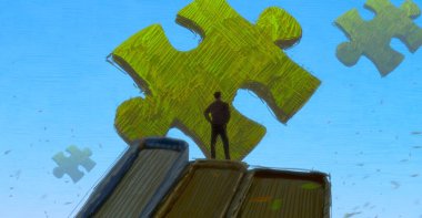 İnsan silueti ve bulmaca parçalarıyla soyut arkaplan 