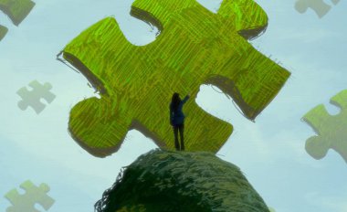 İnsan silueti ve bulmaca parçalarıyla soyut arkaplan 