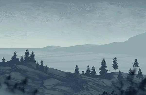 抽象的な霧の山の風景と木自然背景 — ストック写真