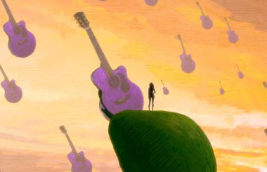 İnsan silueti ve müzikal şeylerle soyut bir arkaplan  