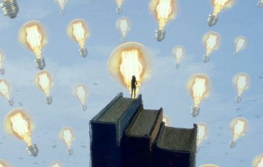 İnsan silueti ve ampullerle soyut arkaplan    