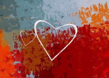 Soyut Sevgililer Günü arkaplan sanatı. Kalpler tuvalde. Çok renkli romantik bir fon. Çağdaş sanat. Sanatsal dijital palet.