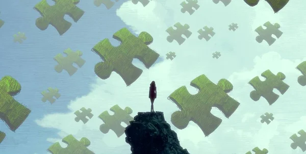 Abstrakter Hintergrund Mit Menschlicher Silhouette Und Puzzle Fragmenten — Stockfoto