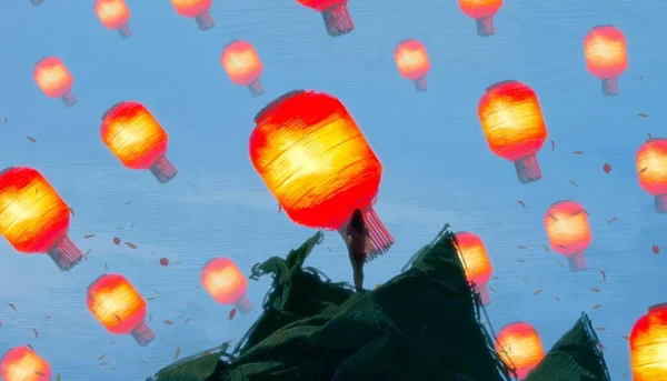 Abstract Background Human Silhouette Chinese Lanterns — Stock Photo, Image