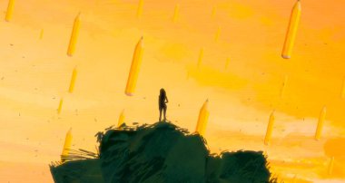 İnsan silueti ve kalemlerle soyut bir arkaplan 