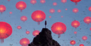 İnsan silueti ve Çin fenerleriyle soyut bir arkaplan 