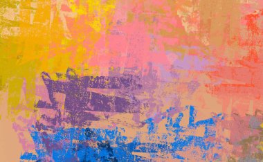 Soyut arka plan sanatı. 2D çizim. Etkileyici yağlı boya resim. Tuvalde fırça darbeleri. Modern sanat. Çok renkli arkaplan. Çağdaş sanat. İfade. Sanatsal dijital palet.