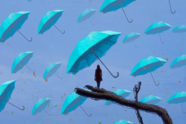 Abstrakcyjne Tło Ludzką Sylwetką Parasolkami — Zdjęcie stockowe