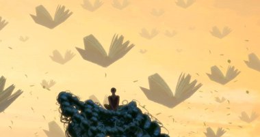 İnsan silueti ve kitaplarla soyut bir arkaplan 