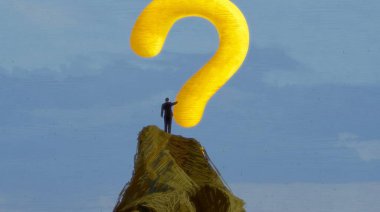 İnsan silueti ve soru işaretleriyle soyut arkaplan