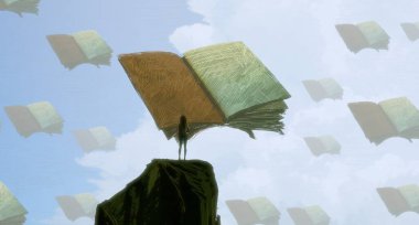 İnsan silueti ve kitaplarla soyut bir arkaplan 