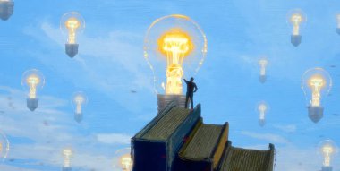 İnsan silueti ve ampullerle soyut arkaplan 