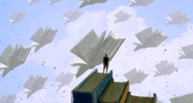 İnsan silueti ve kitaplarla soyut bir arkaplan