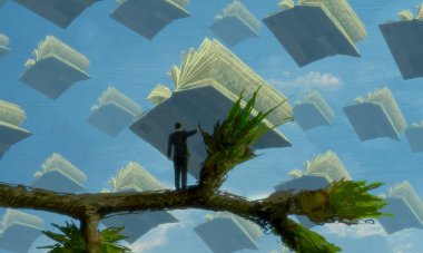 İnsan silueti ve kitaplarla soyut bir arkaplan    