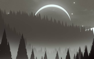 soyut sisli dağlar ağaçlarla kaplı, doğal arkaplan