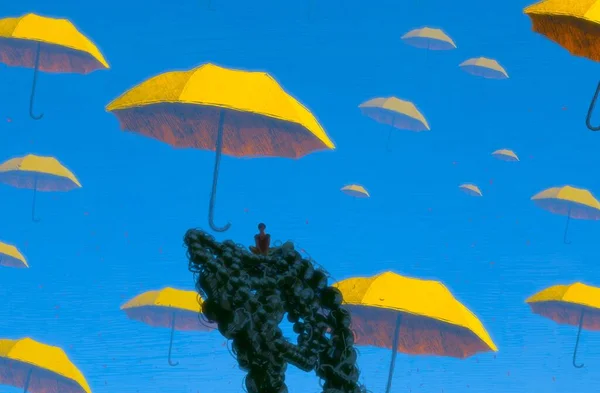 Abstrakcyjne Tło Ludzką Sylwetką Parasolkami — Zdjęcie stockowe