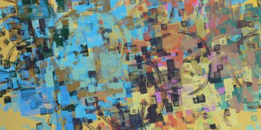 Soyut arka plan sanatı. 2D çizim. Etkileyici yağlı boya resim. Tuvalde fırça darbeleri. Modern sanat. Çok renkli arkaplan. Çağdaş sanat. İfade. Sanatsal dijital palet.