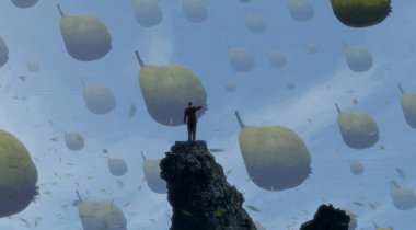 İnsan silueti ve meyveli soyut arkaplan 