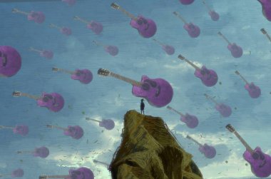 İnsan silueti ve müzikal şeylerle soyut bir arkaplan  