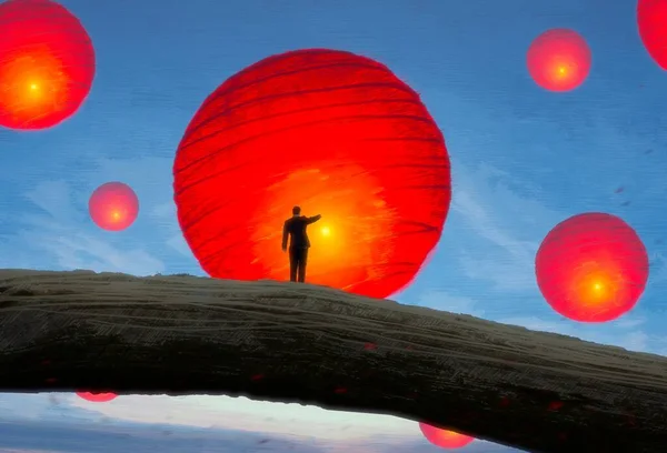 Fondo Abstracto Con Silueta Humana Linternas Chinas —  Fotos de Stock