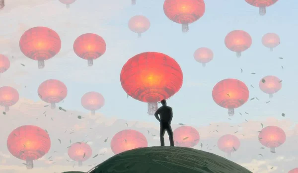 Abstrakter Hintergrund Mit Menschlicher Silhouette Und Chinesischen Laternen — Stockfoto