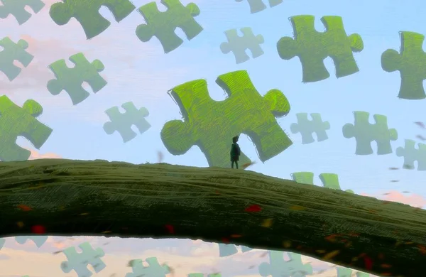 Abstrakter Hintergrund Mit Menschlicher Silhouette Und Puzzle Fragmenten — Stockfoto