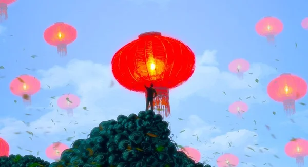 Elvont Háttér Emberi Sziluett Kínai Lámpák — Stock Fotó