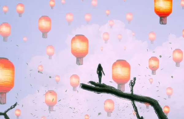 Abstract Background Human Silhouette Chinese Lanterns — Stock Photo, Image