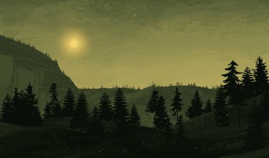 soyut sisli dağlar ağaçlarla kaplı, doğal arkaplan