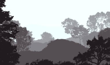 soyut sisli dağlar ağaçlarla kaplı, doğal arkaplan