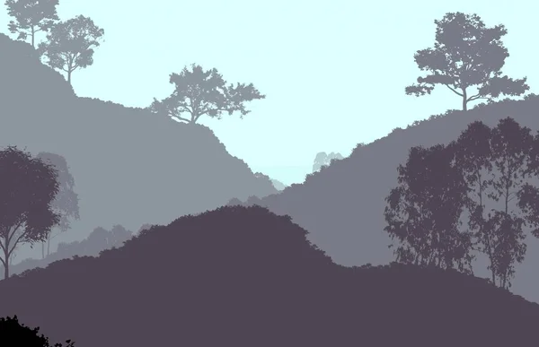 Abstrakte Hügelige Waldlandschaft Mit Nebligen Bäumen Mit Kopierraum Natürlicher Hintergrund — Stockfoto