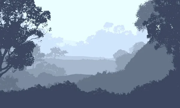 Abstracte Mistige Bergen Landschap Met Bomen Natuurlijke Achtergrond — Stockfoto