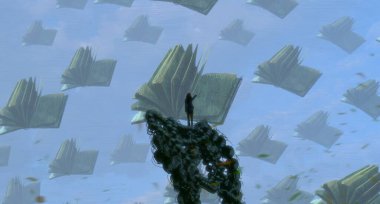 İnsan silueti ve kitaplarla soyut bir arkaplan    