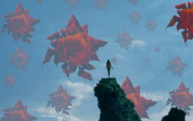 İnsan silueti ve güllerle soyut bir arkaplan 