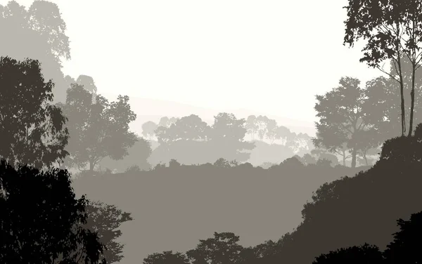 Elvont Köd Hegyek Táj Fák Természeti Háttér — Stock Fotó