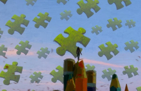 Latar Belakang Abstrak Dengan Siluet Manusia Dan Fragmen Puzzle — Stok Foto