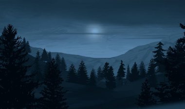 soyut sisli dağlar ağaçlarla kaplı, doğal arkaplan