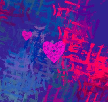 Soyut Sevgililer Günü arkaplan sanatı. Kalpler tuvalde. Çok renkli romantik bir fon. Çağdaş sanat. Sanatsal dijital palet.