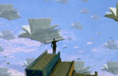 İnsan silueti ve kitaplarla soyut bir arkaplan  