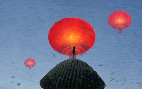 人間のシルエットと中国の提灯の抽象的な背景 — ストック写真
