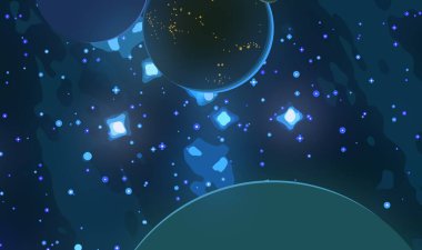 2D çizim. Çizgi film arkaplan resmi. Derin geniş uzay. Yıldızlar, gezegenler ve uydular. Çeşitli bilim kurgu yaratıcı arka planlar. Uzay sanatı. Yabancı güneş sistemleri. Gezegenler ve uydular..