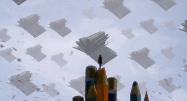 İnsan silueti ve kitaplarla soyut bir arkaplan     