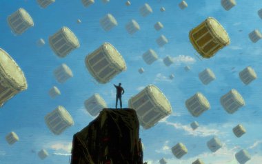 İnsan silueti ve müzikal şeylerle soyut bir arkaplan       