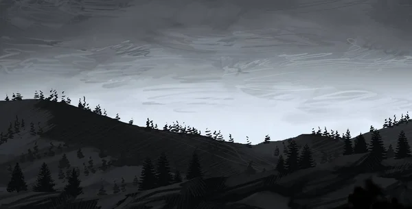 Abstrakte Neblige Berglandschaft Mit Bäumen Natürlicher Hintergrund — Stockfoto