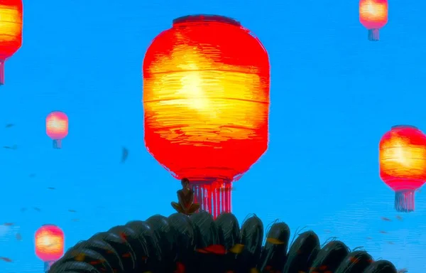 带有人物造型和中国灯笼的抽象背景 — 图库照片