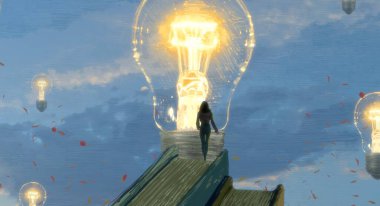 İnsan silueti ve ampullerle soyut arkaplan   